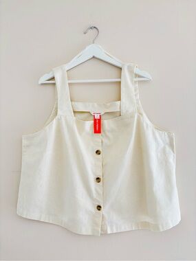 NWT Women’s Plus Size 1X Sleeveless Top Natural/Cream Button-Front Linen/Cotton
